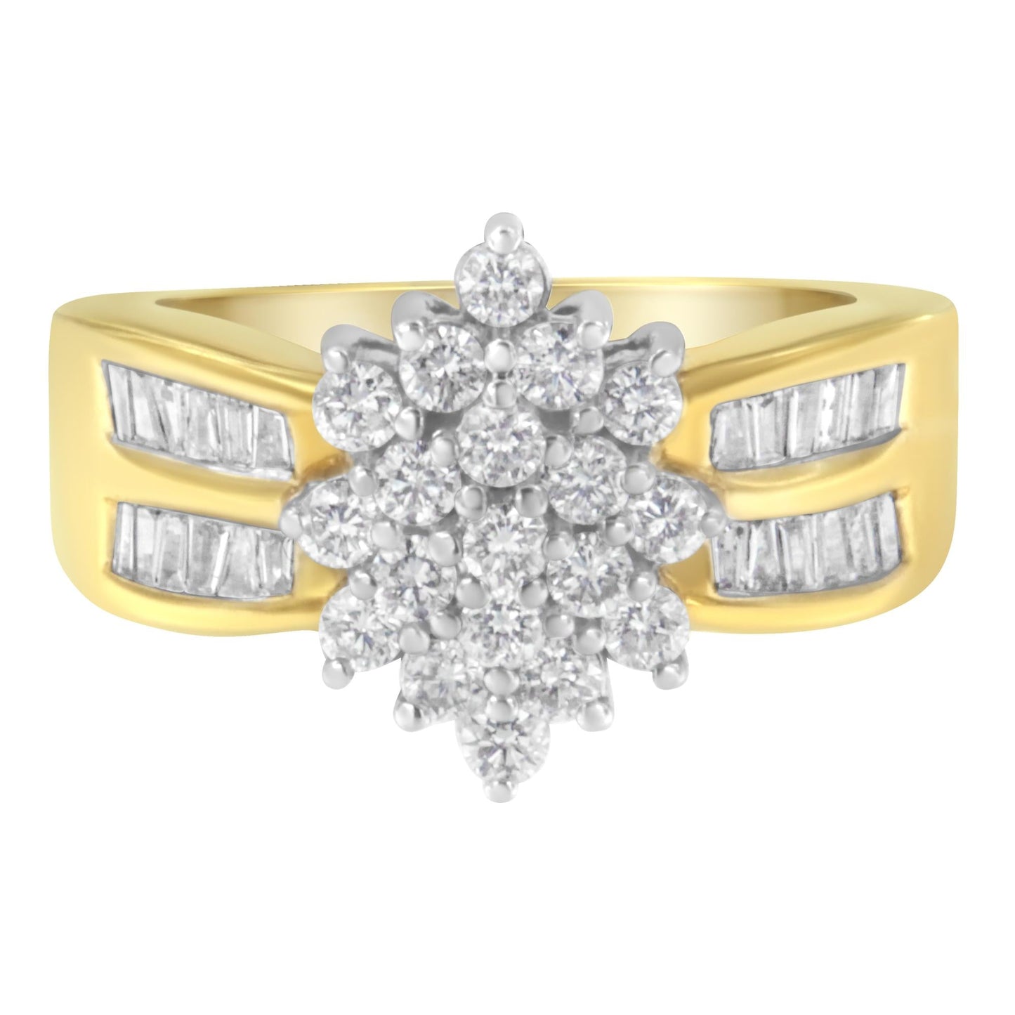 10K Yellow Gold 1.0 Cttw Round & Baguette Cut Diamond Floral Cluster D