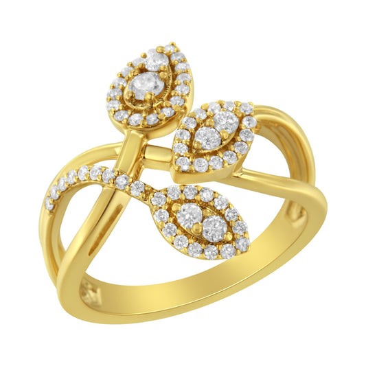 10K Yellow Gold 1/2 Cttw Round-Cut Diamond Layered Crossover Triple Leaf