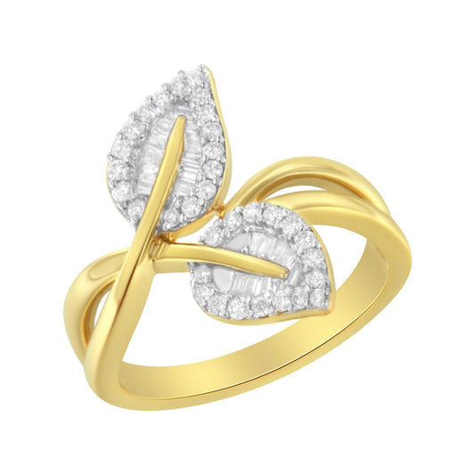 10K Yellow Gold 3/8 Cttw Round and Baguette-Cut Diamond Leaf Cocktail