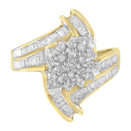 10K Yellow Gold Round and Baguette-Cut Diamond Bypass Cluster Ring