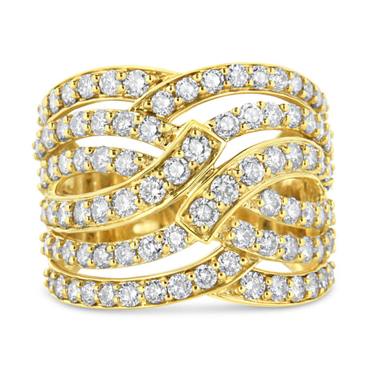 10K Yellow Gold 3.00 Cttw Diamond Multi Row Bypass Wave Cocktail Band