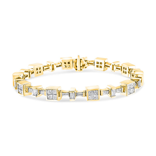 14K Yellow Gold 6 3/4 Cttw Princess and Baguette-Cut Diamond Tennis Braclete