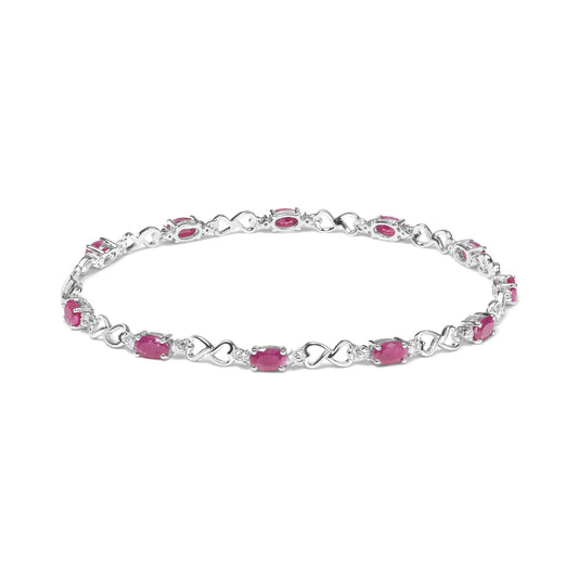 .925 Sterling Silver Pink Oval Shaped Ruby and 1/4 Cttw Diamond 7.25"