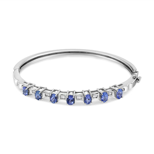 14K White Gold 5 MM Oval Blue Tanzanite and 1/4 Cttw Diamond Bangle