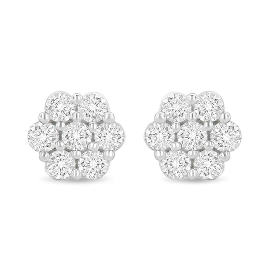 14K White Gold 1 1/2 cttw Prong Set Round-Cut Diamond Floral Cluster S