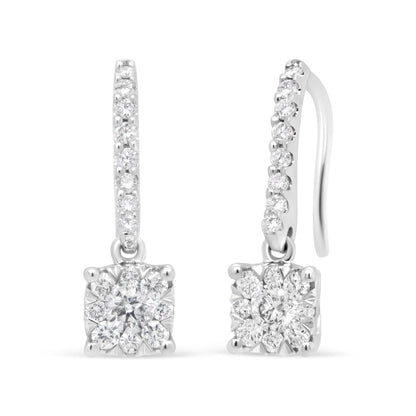 14K White 1/2 Cttw Round Diamond Halo Dangle Hook Earring - (H-I Color)