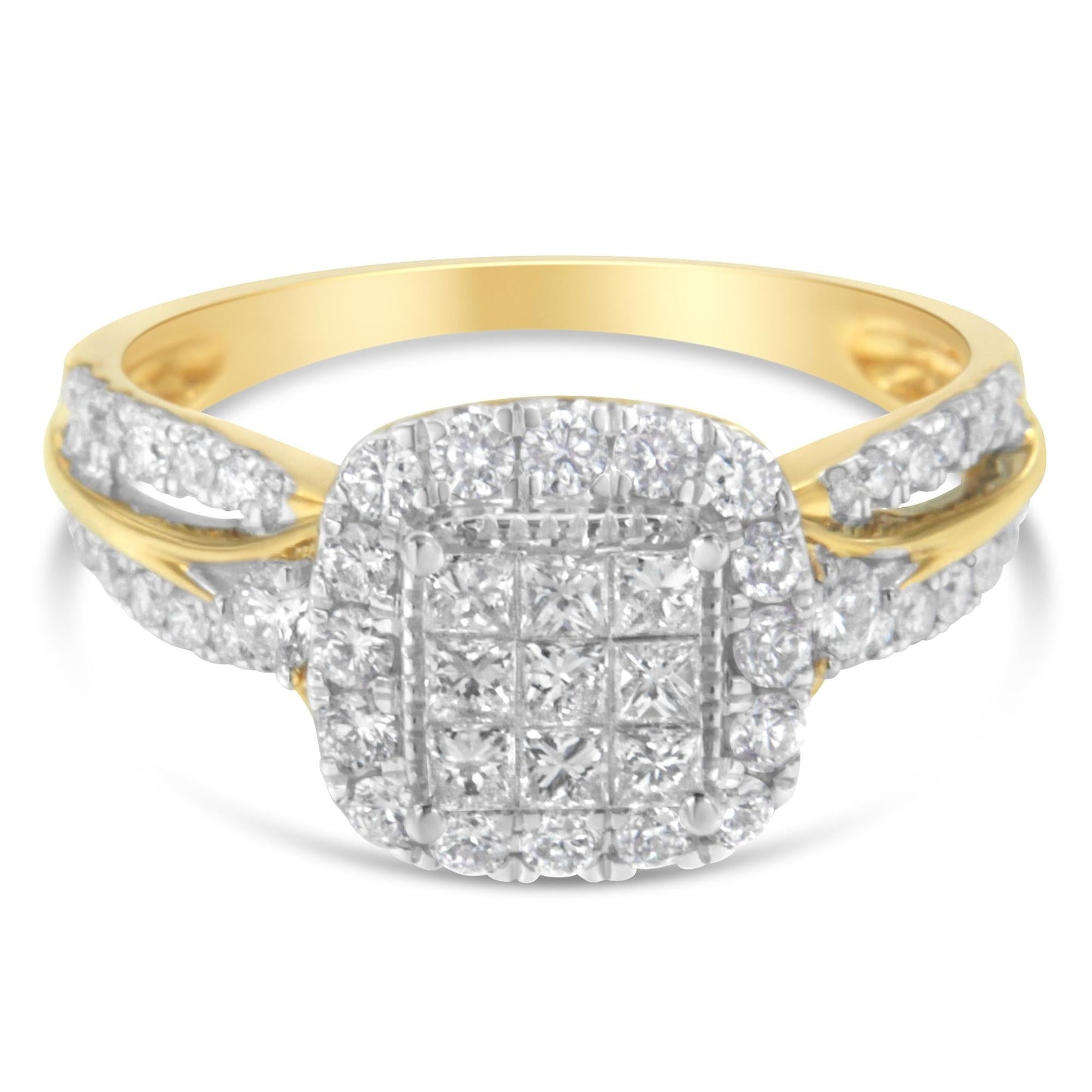 10K Yellow Gold 1.0 Cttw Diamond Composite Cushion-Shape Halo 3-Band-L