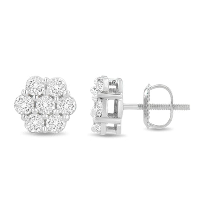 14K White Gold 1 1/2 cttw Prong Set Round-Cut Diamond Floral Cluster S