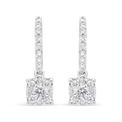 14K White 1/2 Cttw Round Diamond Halo Dangle Hook Earring - (H-I Color)