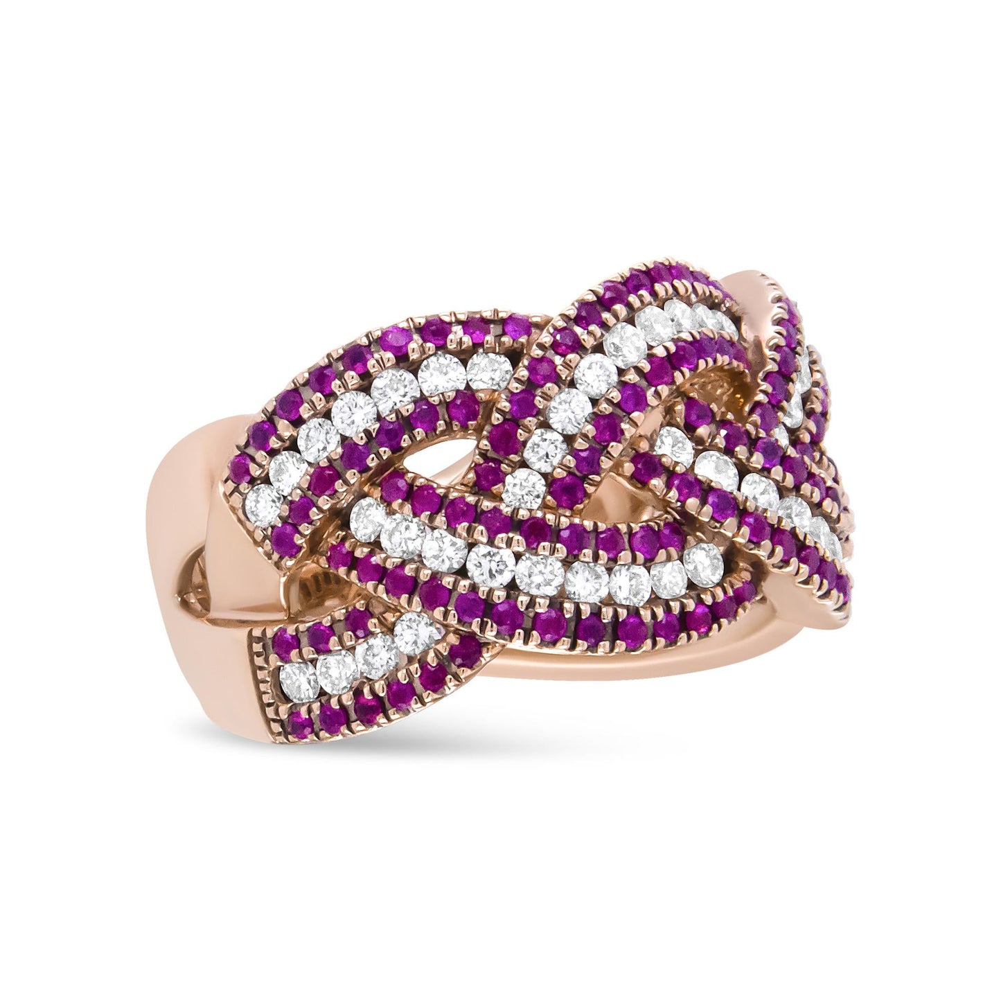 18K Rose Gold Red Ruby and 7/8 Cttw Diamond Woven Braided Band Ring