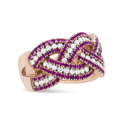 18K Rose Gold Red Ruby and 7/8 Cttw Diamond Woven Braided Band Ring