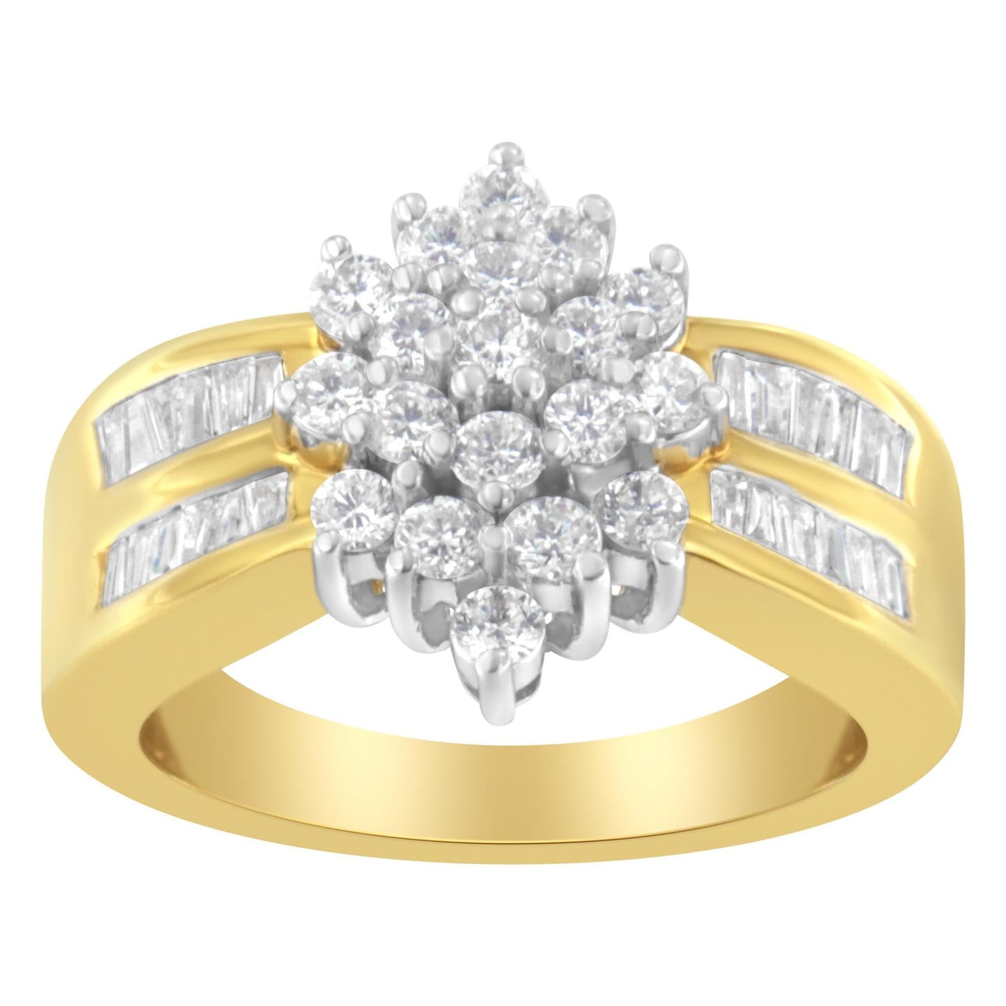 10K Yellow Gold 1.0 Cttw Round & Baguette Cut Diamond Floral Cluster D