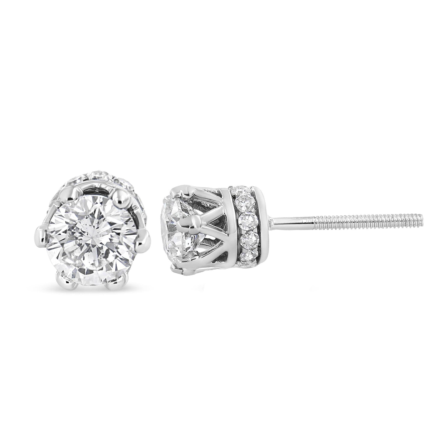 14K White Gold 2.0 Cttw Round Cut Prong-Set Diamond Crown Stud Earring