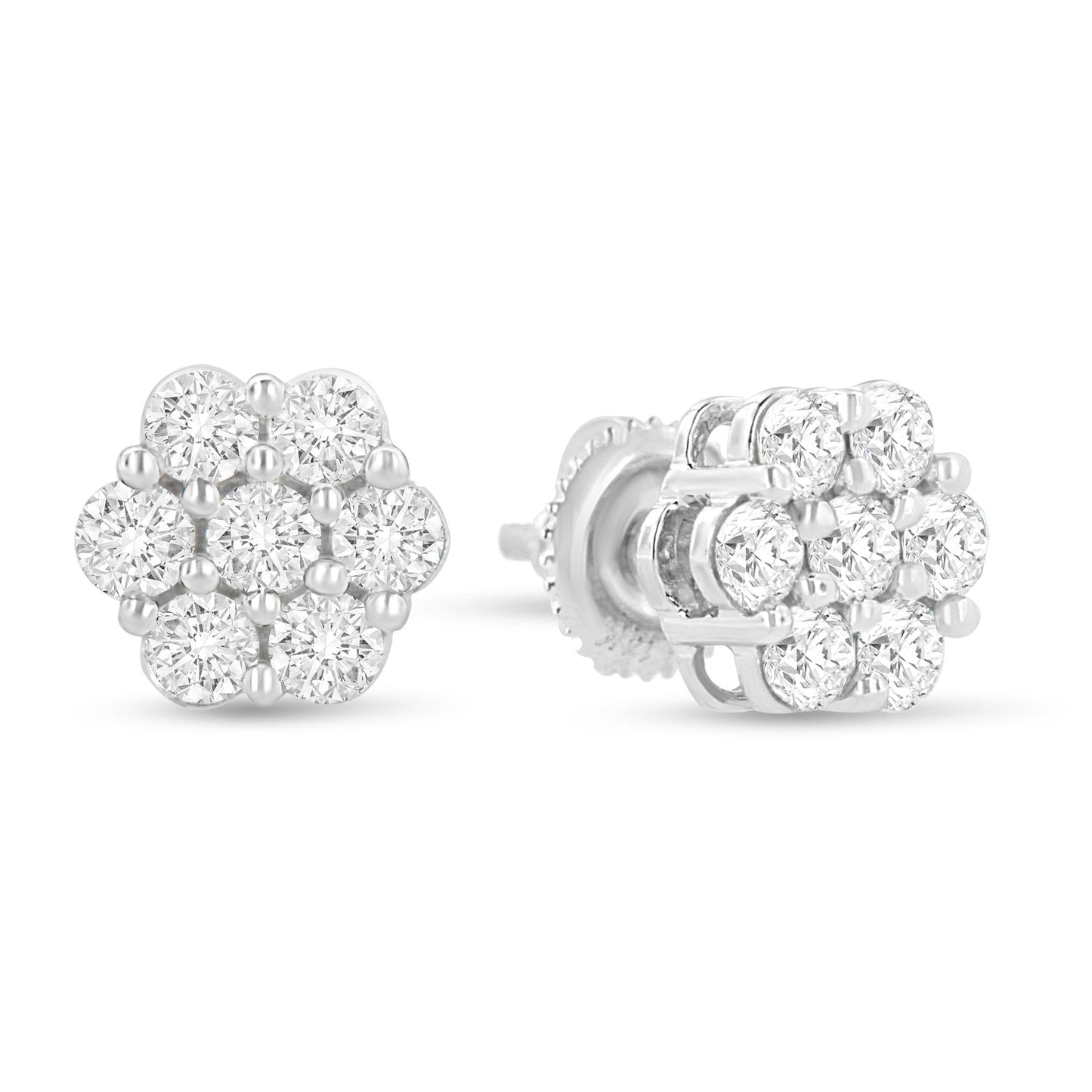 14K White Gold 1 1/2 cttw Prong Set Round-Cut Diamond Floral Cluster S