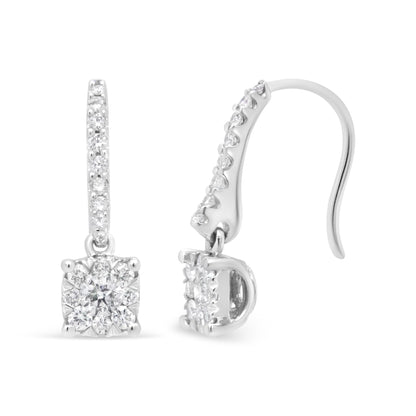 14K White 1/2 Cttw Round Diamond Halo Dangle Hook Earring - (H-I Color)