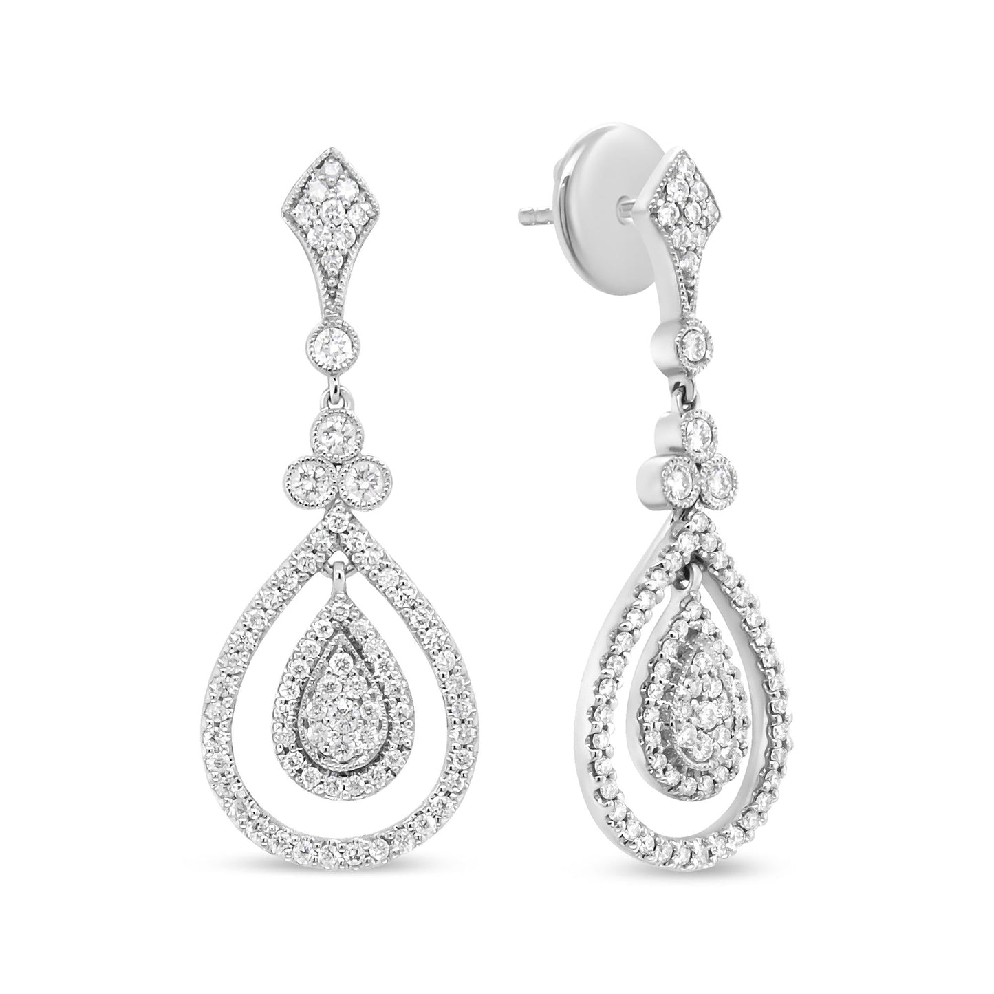 18K White Gold 1 1/4 Cttw Round Diamond Openwork Teardrop-Shaped Dangle