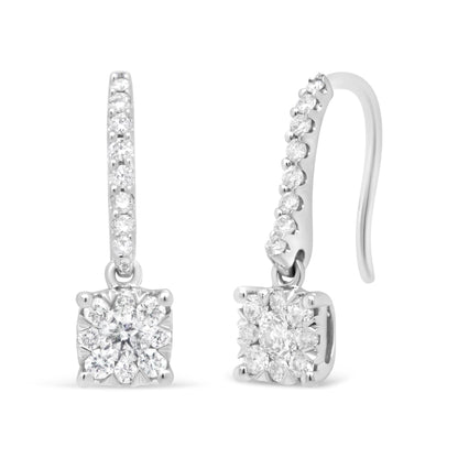 14K White 1/2 Cttw Round Diamond Halo Dangle Hook Earring - (H-I Color)