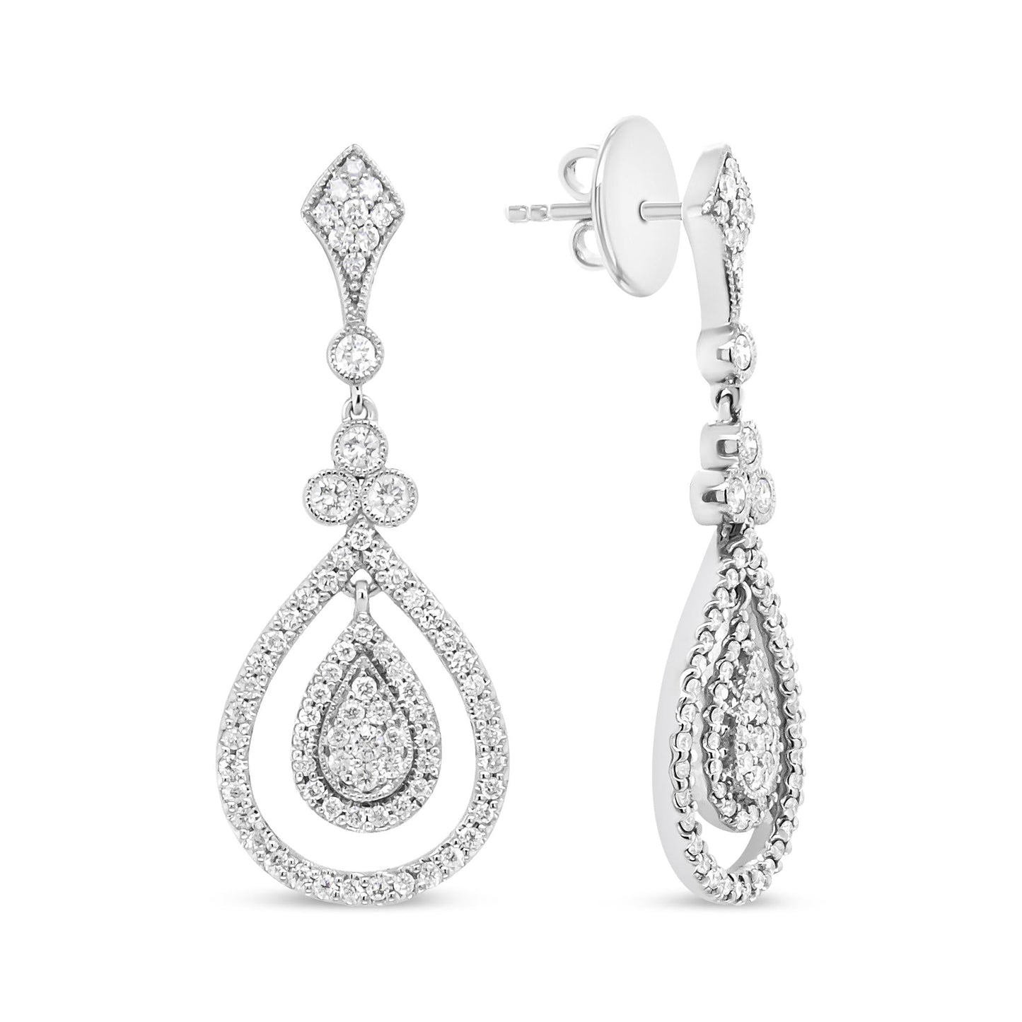 18K White Gold 1 1/4 Cttw Round Diamond Openwork Teardrop-Shaped Dangle