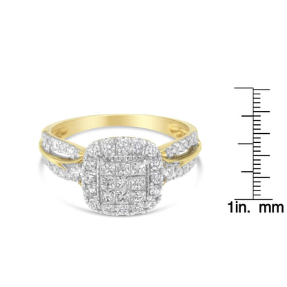 10K Yellow Gold 1.0 Cttw Diamond Composite Cushion-Shape Halo 3-Band-L