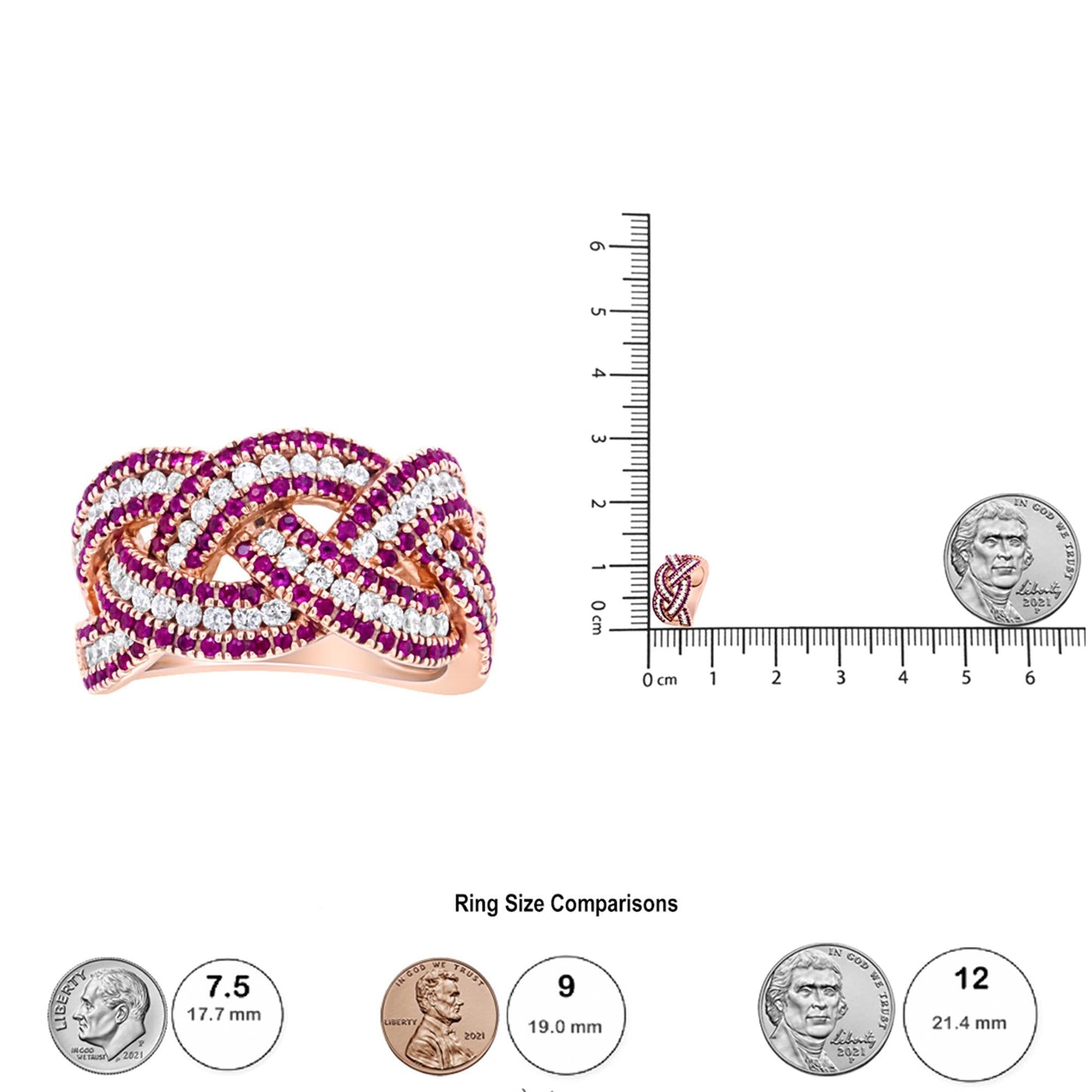 18K Rose Gold Red Ruby and 7/8 Cttw Diamond Woven Braided Band Ring