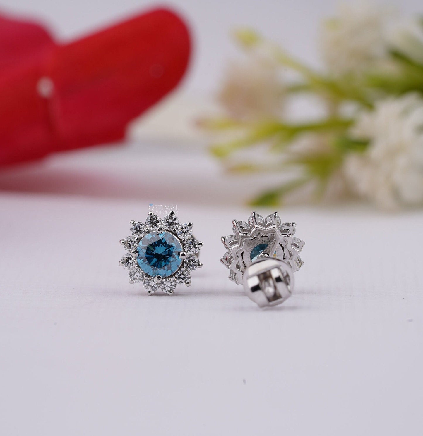 Fancy Vivid Blue Lab Diamond Earring 2.50 Ctw Halo Diamond Earring