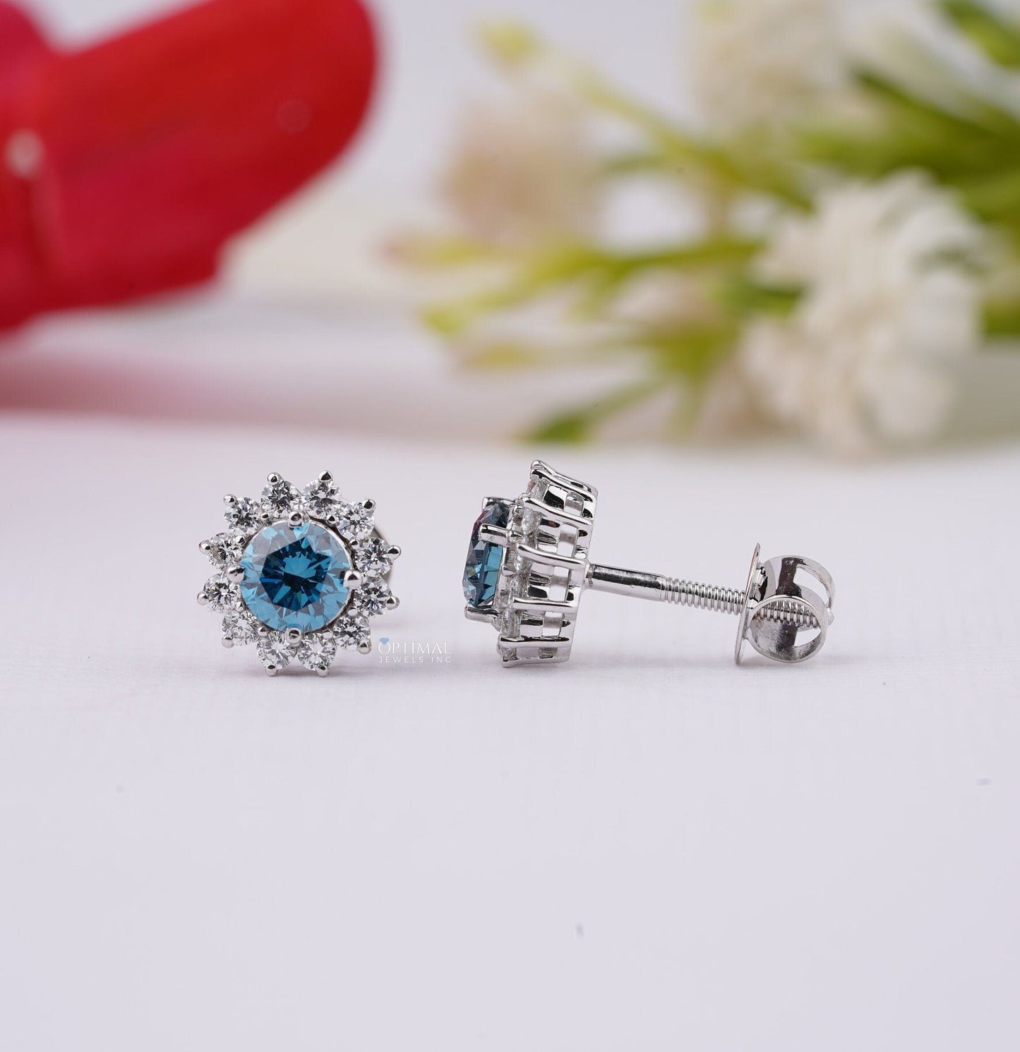 Fancy Vivid Blue Lab Diamond Earring 2.50 Ctw Halo Diamond Earring