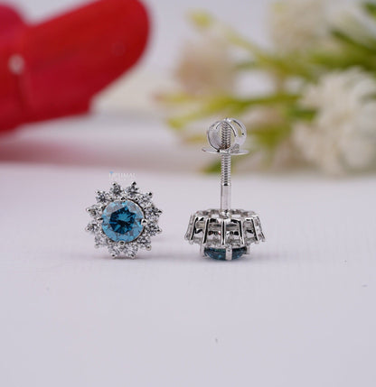 Fancy Vivid Blue Lab Diamond Earring 2.50 Ctw Halo Diamond Earring